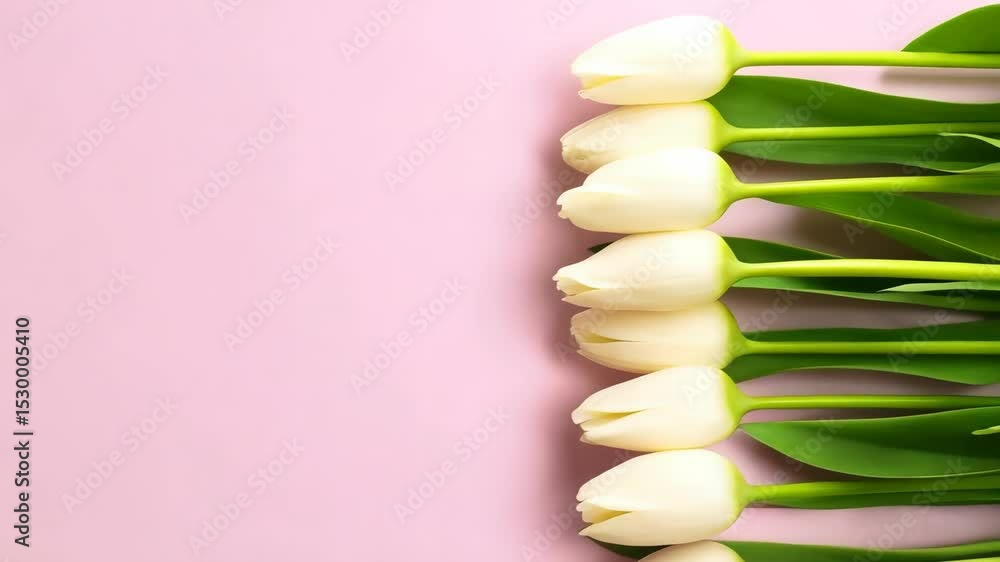 Poster delicate row of white tulips arranged along the right edge on light pink backdrop providing a clean 