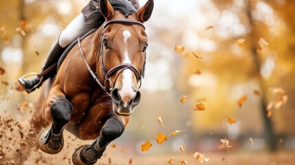 Obraz premium A majestic horse gallops energetically through a backdrop of colorful autumn leaves, capturing the thrill of equestrian sports and the beauty of the season.