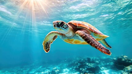 Fototapeta premium A graceful sea turtle glides effortlessly through clear turquoise waters, showcasing its intricate patterns and vibrant colors against a dazzling underwater backdrop.