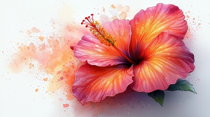A vibrant, glowing hibiscus flower with petals in hot pink and tangerine hues, featuring delicate watercolor splash effects, set against a clean white background, highlighting its tropical beauty.