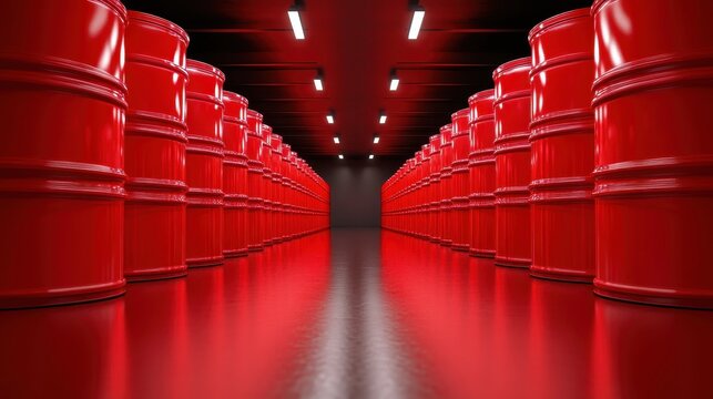 A visually striking arrangement of red barrels neatly lined up in a sleek industrial warehouse, representing the power of organization and efficiency in storage solutions.