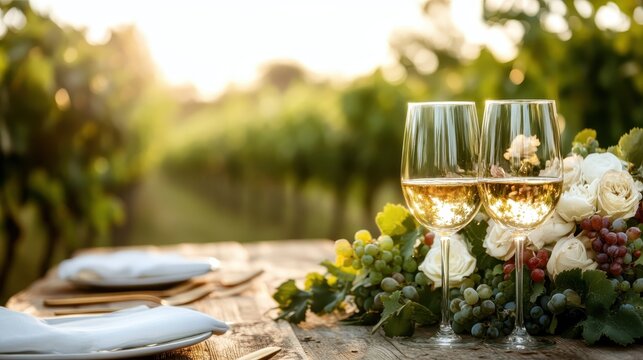 An enchanting vineyard dinner scene featuring two glowing wine glasses and a bouquet of flowers, perfect for celebrating love and creating unforgettable memories. - Powered by Adobe