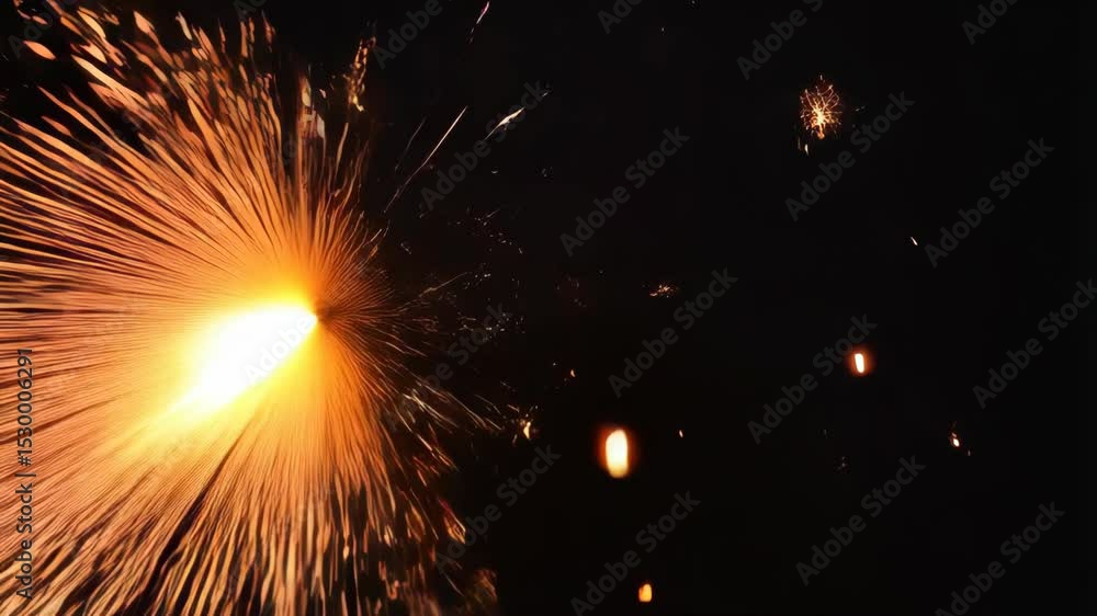 Poster close-up video of bright golden sparks emanating and diverging from a central point in the dark with