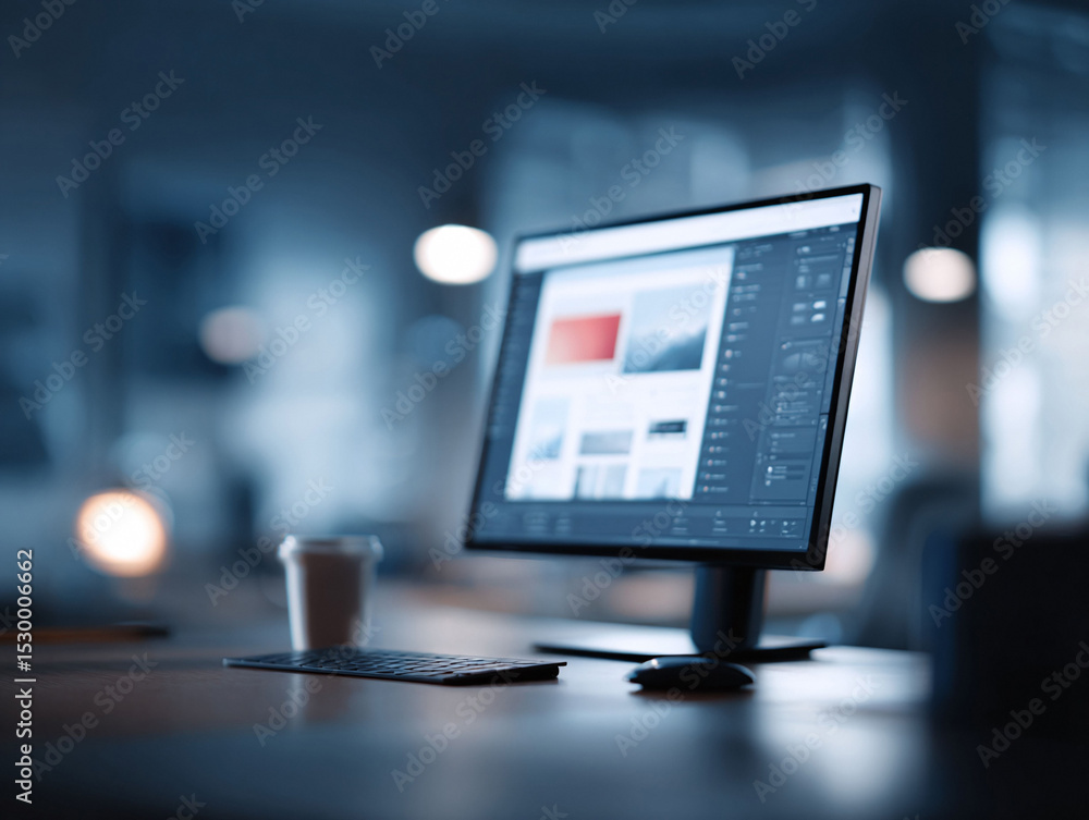 Poster modern workspace. desktop computer displaying design software on desk. calm, professional atmosphere