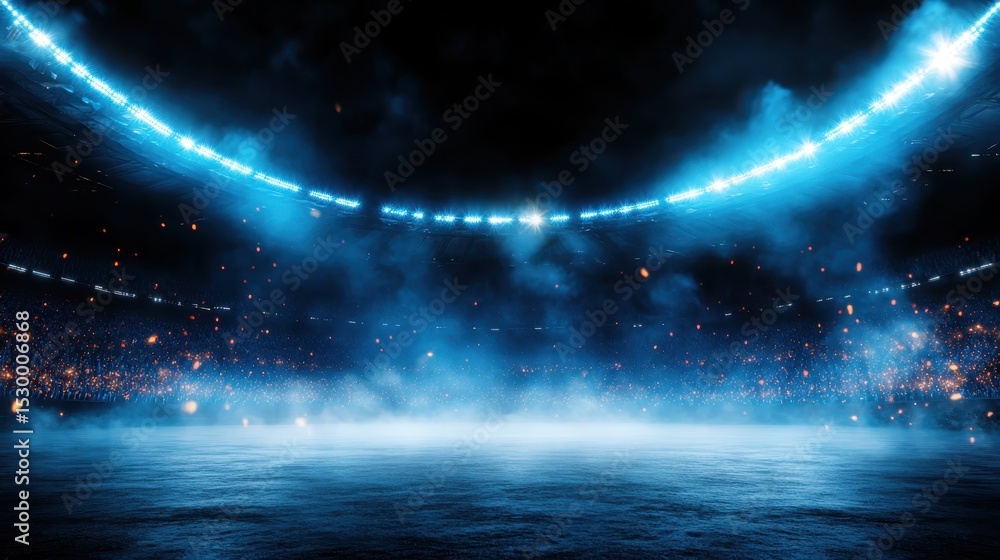 Poster a dramatic view of a grand stadium illuminated with bright lights and shrouded in fog, creating an e