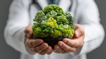 Celebrating World health day with focus on global wellness and environmental care. Doctor holding globe decorated with green plants. Horizontal banner. World Patient's Day. National Doctors day