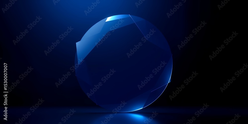 Poster a partially illuminated blue sphere with angular facets against a dark gradient background space