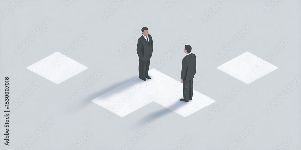 Poster two business professionals in suits standing on a minimalist gray background with geometric shapes, 