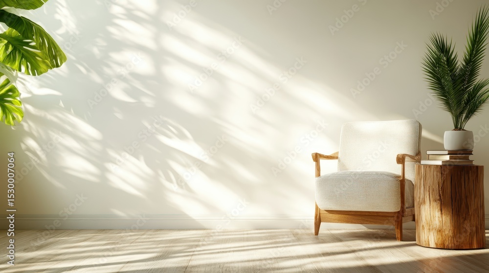 Poster this serene image features a cozy armchair placed elegantly in a minimalist room bathed in sunlight,