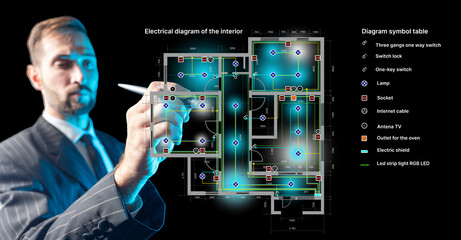 Engineer in suit analyzes smart home electrical diagram using digital pen, modern lighting and socket layout shown on transparent interface — Electrical engineering, smart home.