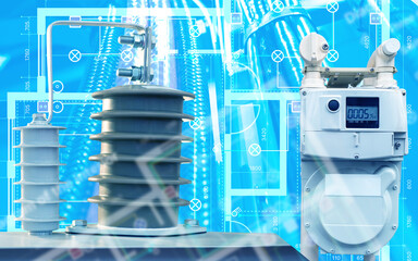 Smart electric meter and power components with digital interface and wiring plan background,...