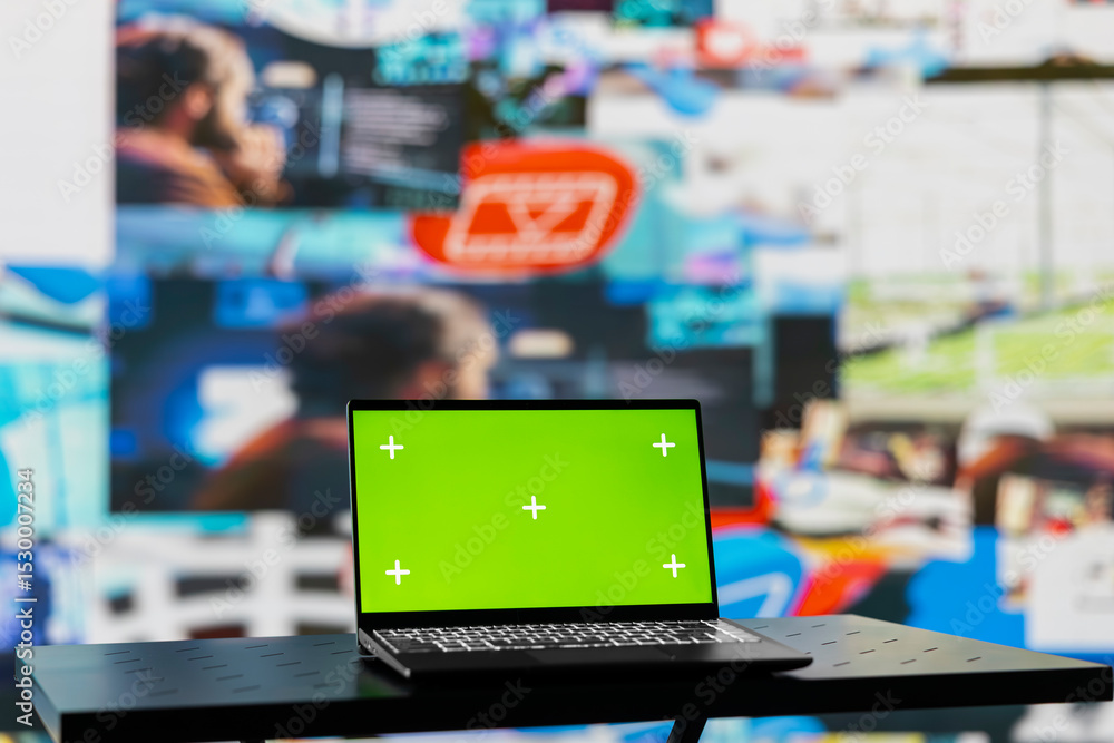 Poster laptop running isolated chroma key screen next to social media web design platforms, visual represen