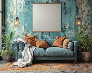 A teal sofa with orange pillows sits on an area rug in front of a textured teal wall with a large blank canvas.  Pendant lights hang on either side