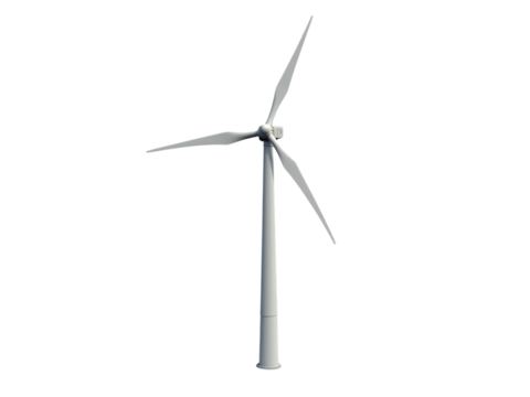 Large wind turbine standing, clean white background, natural day lighting,sky,turbine,ecology