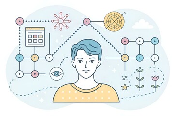 Człowiek otoczony symbolami nauki, kreatywności i technologii – rozwój osobisty i procesy poznawcze