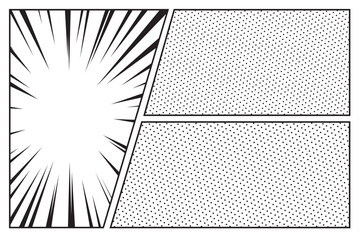 Comic panels with action effect template, frame retro manga black and white