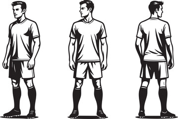 Soccer player illustration set in multiple front back side views in full uniform kit for football branding, coaching, merchandise, posters, sportswear packaging and design use