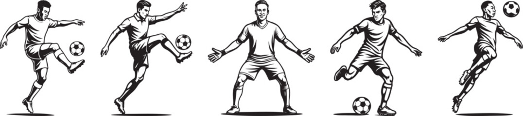 Soccer player dribbling, kicking and passing action poses illustration collection for training guides, league posters, fan merchandise and coaching tutorial materials