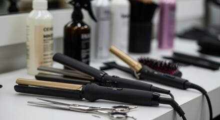 Naklejka premium Professional hair styling tools on a white surface, with various beauty supplies in the background