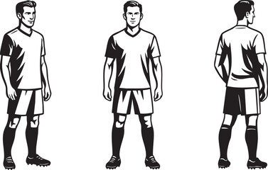 Soccer team player standing front and back outfit poses for team branding, apparel graphics, training material, fan merchandise, coaching posters and league design use