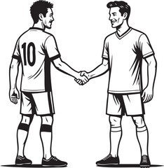 Football players handshake illustration after match in full uniform kit for sportsmanship, fair play campaign, league posters, coaching, youth tournament graphics