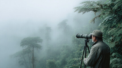 An explorer peers through a telephoto lens into a misty rainforest. Evokes adventure, scientific study, wildlife observation. Ideal for nature, travel, or environmental themes.