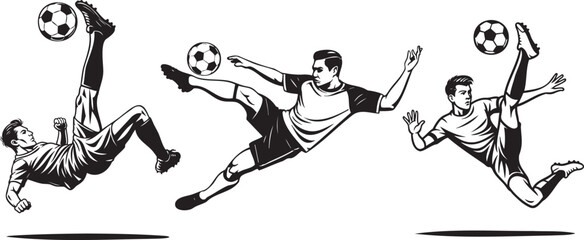 Soccer bicycle kick and overhead volley action pose illustration set for training tutorials, coaching visuals, youth tournament posters, league promo and sport design