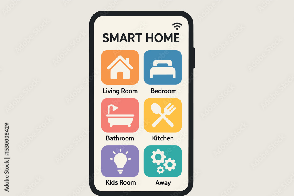 Poster smart home control app. vector illustration of mobile app for smart home control with colorful icons