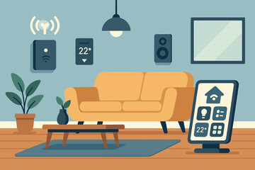 Smart Living Room Tech. Vector illustration of modern living room with voice-controlled lights, wall speakers, climate control,