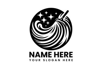 Modern black vector logo of sweeping broom with sparkling circular trail for cleaning service branding