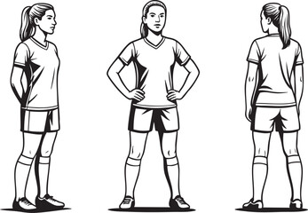 Female soccer team standing lineup illustration front back poses with uniforms for team branding, coaching posters, training visuals, merchandise and fan design graphics