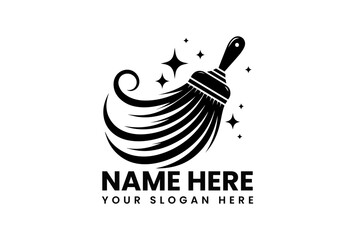Modern black vector logo of sweeping broom with sparkling circular trail for cleaning service branding