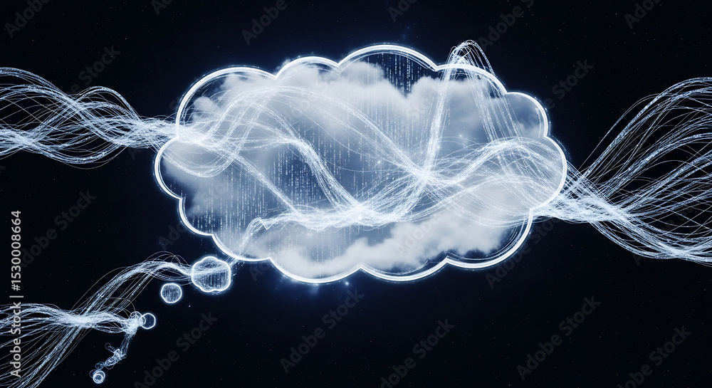 Poster cloud computing thought bubble: abstract illustration of cloud with digital network lines creating a