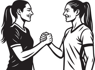 Fototapeta premium Female soccer players handshake pose illustration for fair play campaign, league sportsmanship posters, coaching visual guides, youth tournament graphics and team branding