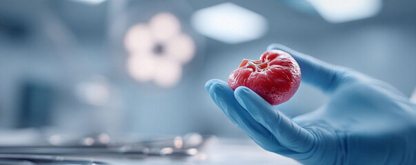 A gloved hand holds a realistic kidney model in a sterile surgical setting. Symbolizes medical research, organ donation, health awareness, and the importance of anatomical study.