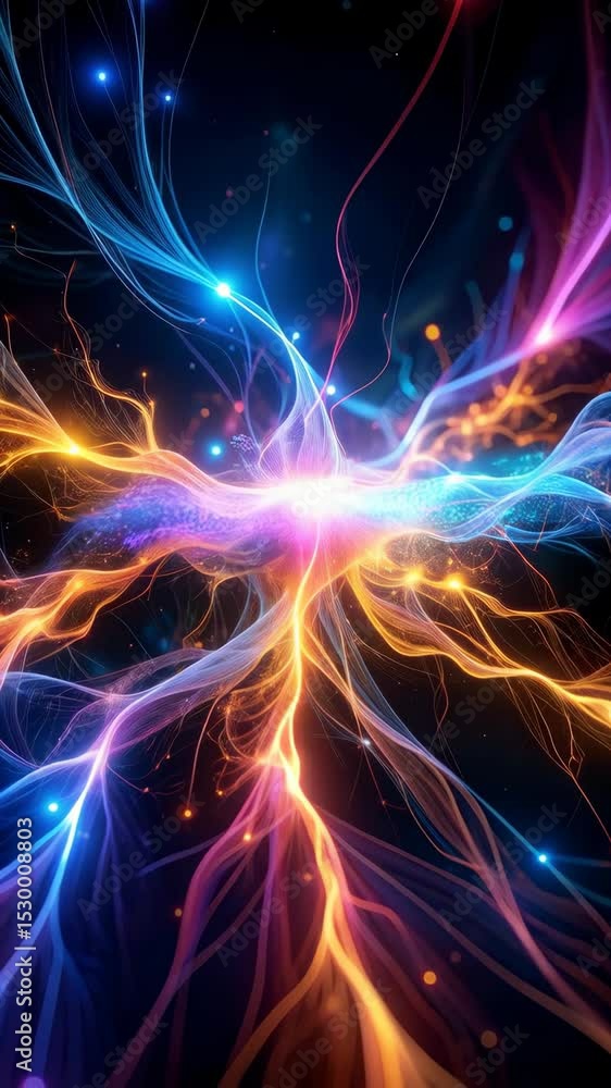 Poster abstract background with glowing plasma beams and particle energy, colorful futuristic design with l