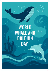 World Whale and Dolphin Day. Template for background, banner, greeting card, poster with text inscription, highlighting marine life and ocean conservation. Vector illustration.