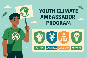 Youth Climate Ambassadors. Vector illustration of youth climate ambassador program with badges for action, awareness, leadership,