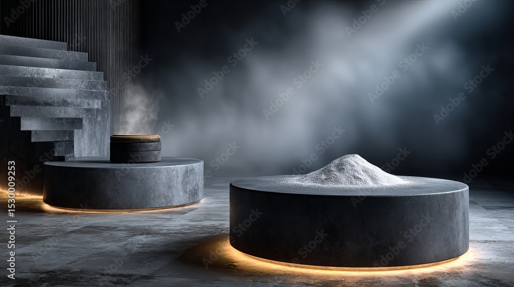 Aufkleber two platforms one with white powder and another with stacked objects stairs and smoke in background