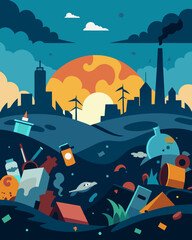A haunting sight of pollution a garbage patch cluttered with remnants of defunct industries discarded household items and more plastic.. Vector illustration