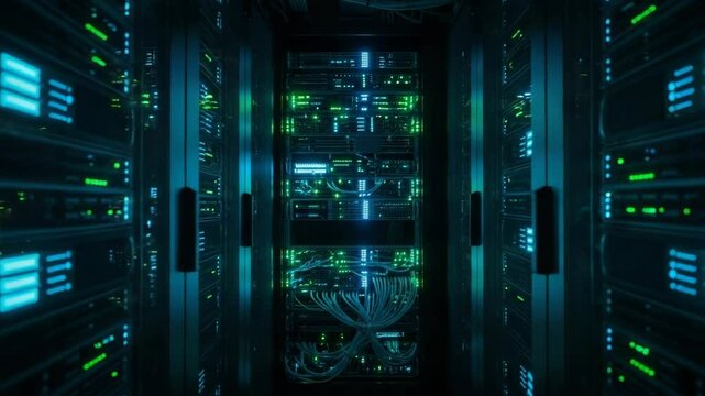 Data center with glowing servers in a high-tech environment  