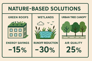 Nature Solutions Dashboard. Illustration of nature-based solutions dashboard showing impact metrics from green roofs, wetlands,