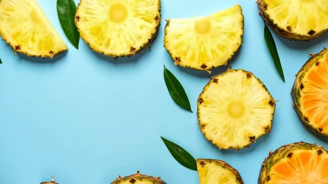 Vibrant pineapple slices and green leaves arranged on a bright blue background, creating a refreshing summer pattern with copy space.