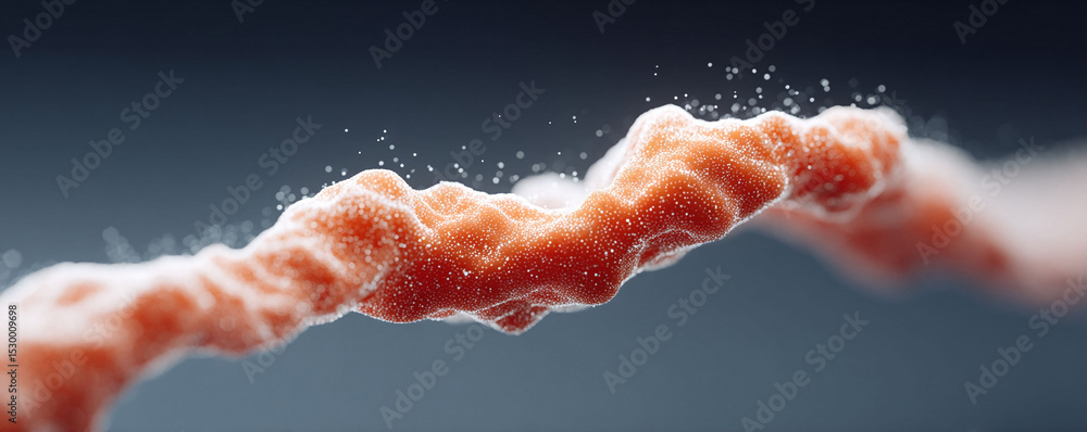 Poster abstract 3d rendering of a textured, organic strand with particles. conceptual image for science, te