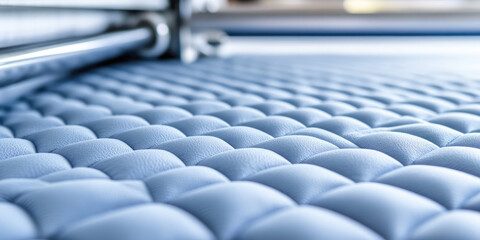 Fototapeta premium Quilted blue fabric is being manufactured on a machine with metal rollers. Texture, manufacturing, textile production, industrial