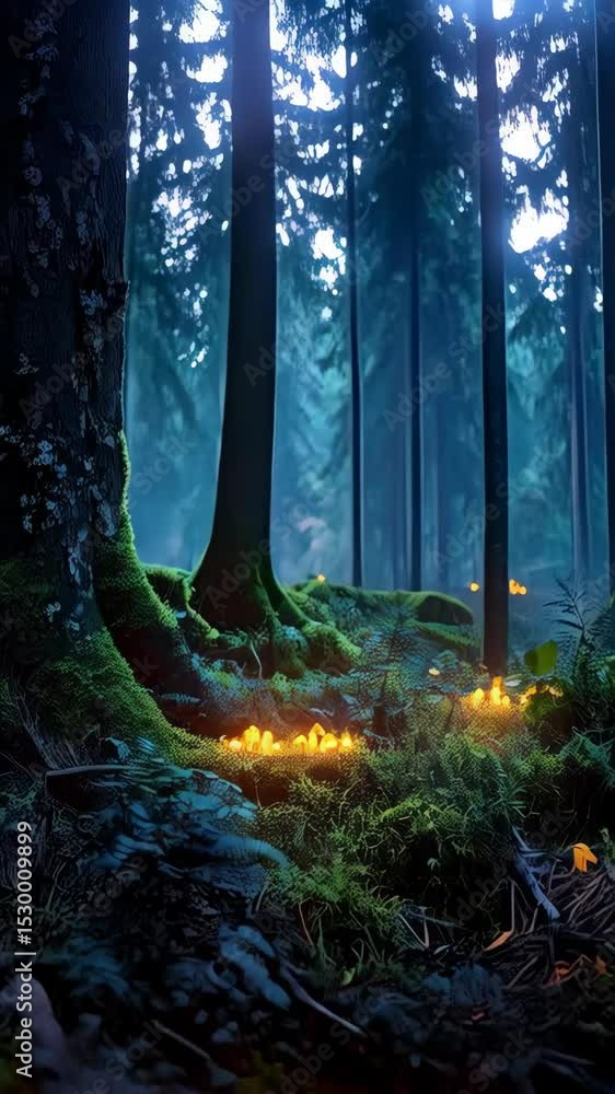 Poster enchanting cluster of golden mushrooms illuminates a shadowy forest floor with glowing trails fading