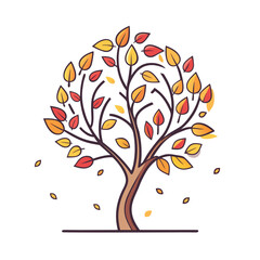 Obraz premium Minimal Line Illustration of Tree with Falling Leaves – Simple Nature Vector