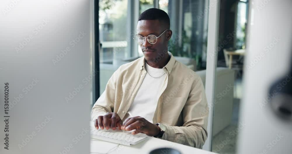 Poster black man, computer or thinking in office for research, email networking or editing article. creativ
