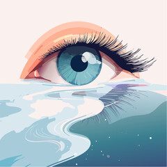 Artistic vector close-ups of blue eyes with long lashes, emerging from abstract water-inspired shapes in soft, dreamy tones.