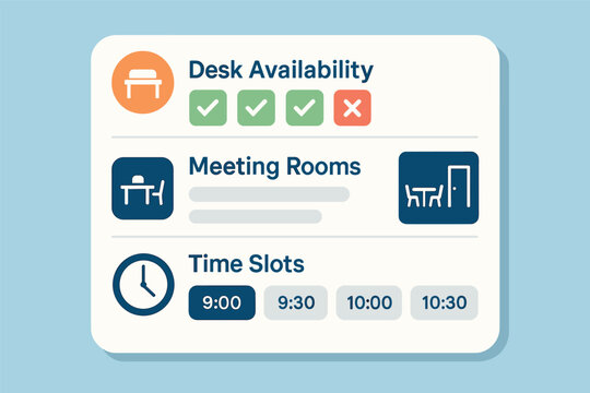 Booking App Interface. Vector illustration of booking app interface showing desk availability, meeting rooms, and time slots